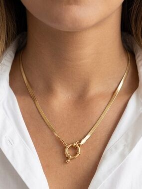 18K Gold Plated Necklace charm Holder herringbone Stainless Steel womens jewelry
